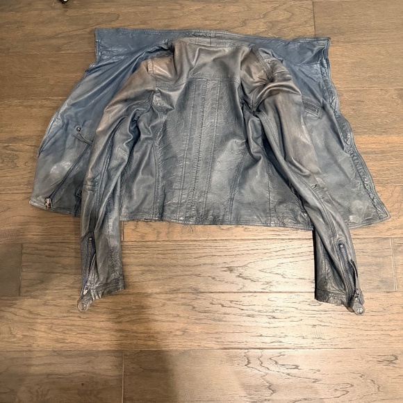 Danier Blue-Grey Genuine Leather Moto Jacket 2XS Asymmetric Zip, High Collar - Picture 16 of 16
